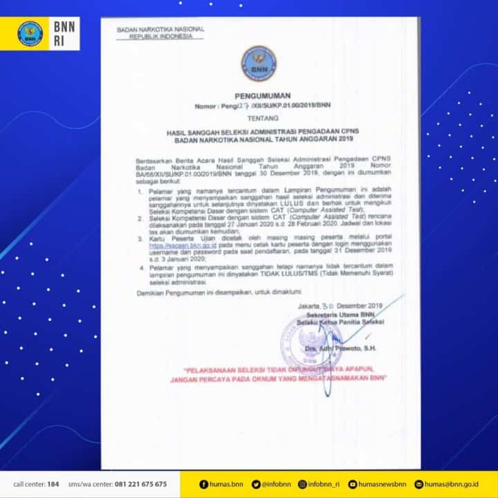 Pengumuman Hasil Sanggah Seleksi Administrasi Pengadaan CPNS BNN T.A. 2019
