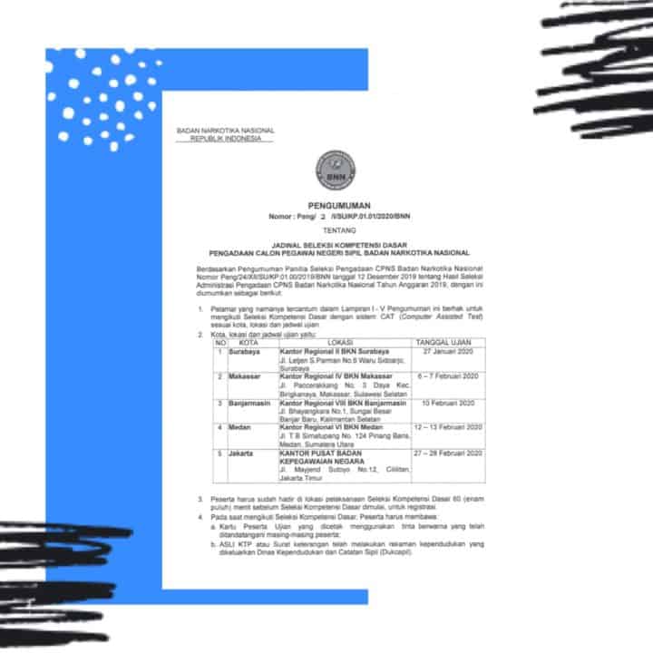 Pengumuman Jadwal Seleksi Kompetensi Dasar Pengadaan Calon Pegawai Negeri Sipil BNN T.A. 2019