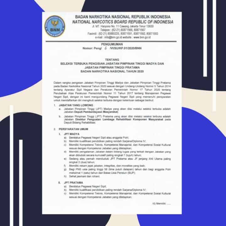 Seleksi Terbuka Pengisian Jabatan Pimpinan Tinggi Madya dan Jabatan Pimpinan Tinggi Pratama Badan Narkotika Nasional Tahun 2020