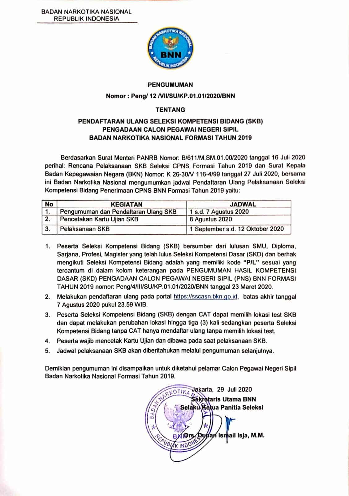 Pendaftaran Ulang Seleksi CPNS BNN RI 2019.