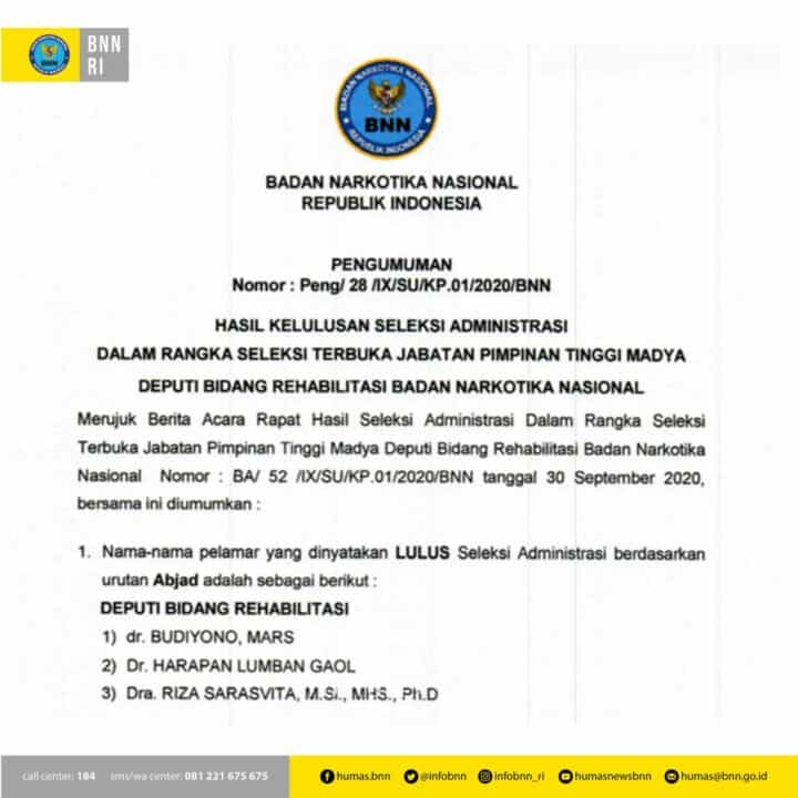 Pengumuman Hasil Seleksi Terbuka Jabatan Pimpinan Tinggi Madya Deputi Bidang Rehabilitasi BNN RI