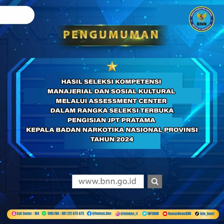 Pengumuman Hasil Seleksi Kompetensi Manajerial dan Sosial Kultural Melalui Assessment Center Pengisian JPT Pratama Kepala BNNP Tahun 2024
